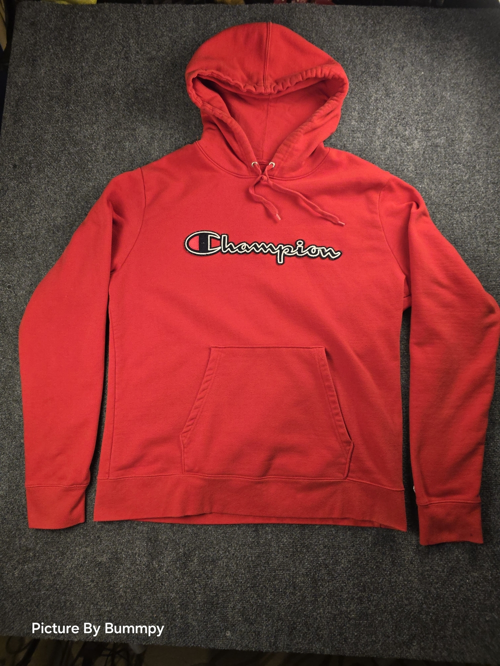 Red Champion hoodie, Reverse Weave featuring embroidered Logo Size Large